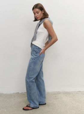 德国ANN秋冬新品纯棉直筒牛仔裤显瘦高腰加长女裤磨白提臀女裤