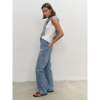 做旧蓝色高腰宽松直筒阔腿牛仔裤