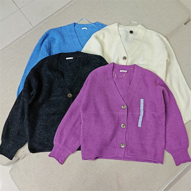 秋新品罗纹混纺针织方形开衫V领