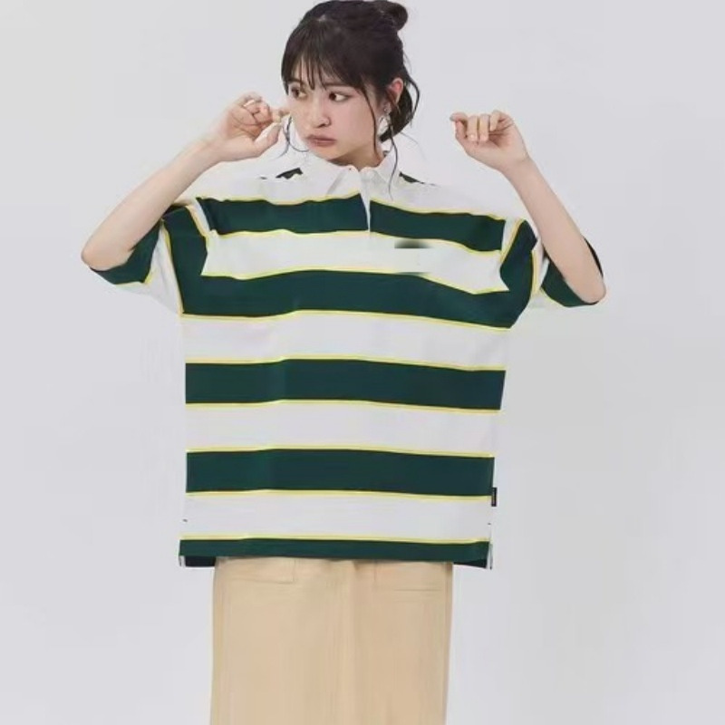 拼色条纹短袖衫大码休闲翻领短袖