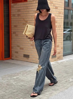 德国ANN秋冬新品直筒破洞裤显瘦高腰纯棉磨白大码提臀女加长裤