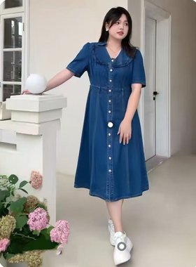 春夏翻领宽松连衣裙棉天丝牛仔裙