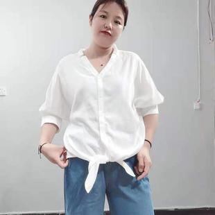 国内单宽松舒适大码衬衫丝光棉料前打结防晒五分袖女百搭小衫
