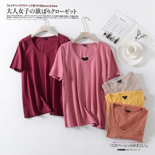 打底衣 春夏新品 出口欧美单纯棉针织短袖 V领五色棉质大码 女上T恤衫