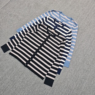宽条纹撞色开衫 欧美春秋款 休闲百搭外套胖MM大码 针织衫 女 圆领大码