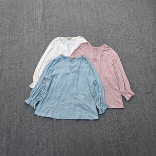 V领小衫 打底衫 喇叭袖 胖MM大码 百搭绣花女衬衫 欧美单D字母春夏薄款