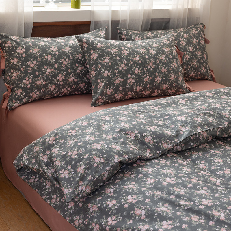 全棉美式复古小清新碎花床上四件套纯棉田园蝴蝶结被套床单三件套