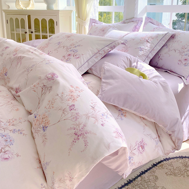 全棉美式田园风被套单件100纯棉紫色小清新碎花200x230单双人被罩