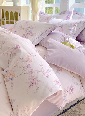 全棉美式田园风被套单件100纯棉紫色小清新碎花200x230单双人被罩