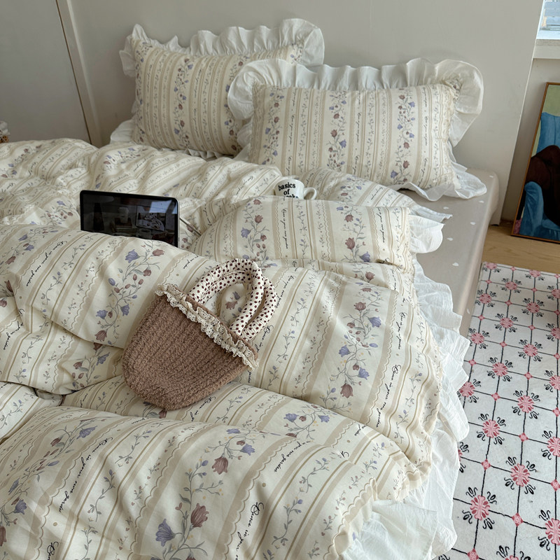 韩式田园风小清新碎花全棉床上四件套纯棉荷叶花边被套床单三件套,床上用品,床品套件/四件套/多件套,淘宝优惠券,粉丝福利购,淘宝优惠卷