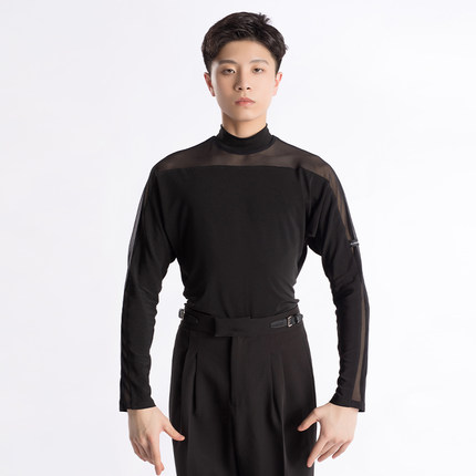 歌瑞亚舞服男士拉丁舞服训练功服秋冬新款网纱拼接长袖上衣考级服