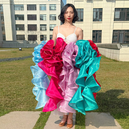 歌瑞亚国标舞摩登舞女款成人重工液态纱花朵袖飘百搭款表演出配饰