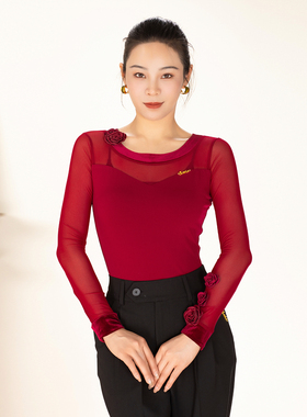 歌瑞亚拉丁舞服女成人新款圆领网纱长袖连裆上衣练习功表演出服