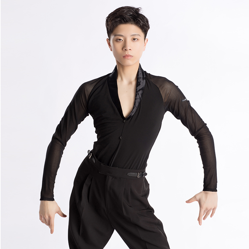 歌瑞亚男士拉丁舞服V领长袖舒适