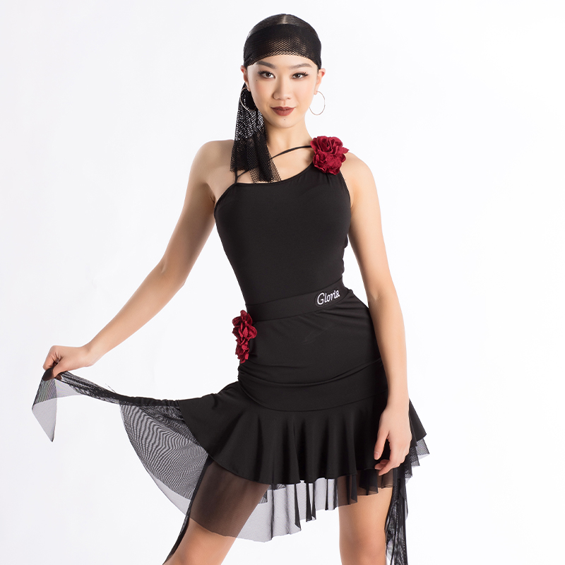 歌瑞亚拉丁舞服女成人夏款吊带露单肩上衣网纱半裙套装练功舞蹈服