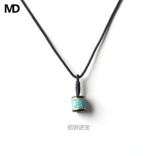 MD原创 黑檀木镶嵌黄铜绿松石富贵平安可调节黑绳项链情侣学生礼