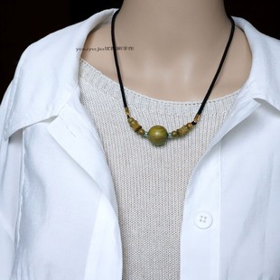 新中式国风项链原创设计天然绿檀木吊坠锁骨链小众个性毛衣链配饰