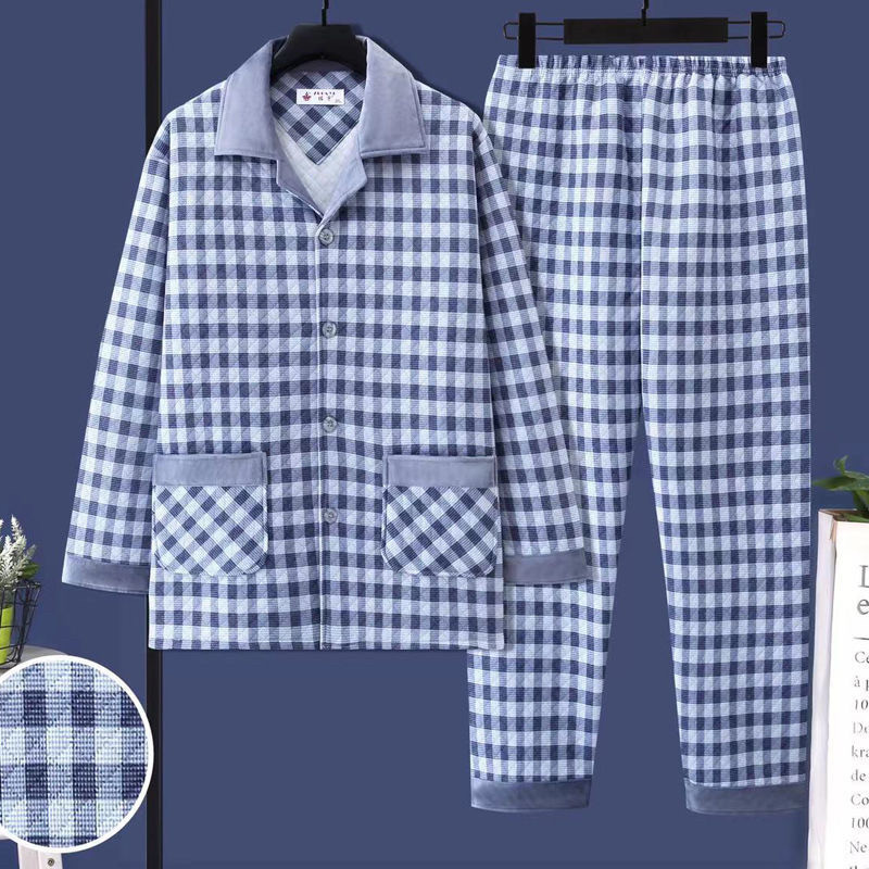 中老年睡衣男士秋冬款夹层加厚长袖格子家居服冬季夹棉空气棉套装