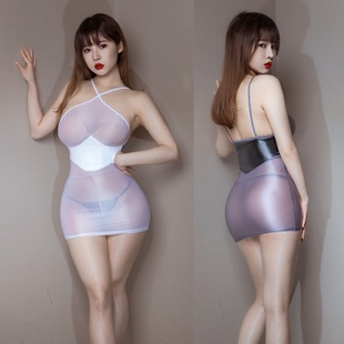 丝唇60d丝滑油光布超弹紧身吊带透明丝袜感家居服睡裙超短连衣裙