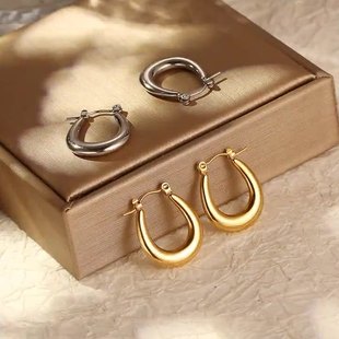 ins跨境欧美时尚复古实心钛钢镀18K金耳环简约轻奢椭圆耳饰女百搭