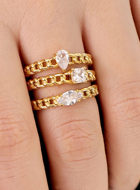 欧美时尚新款小众设计链条式锆石戒指钛钢镀18K金指环时尚ins个性