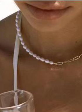 欧美时尚新款百搭珍珠拼接项链钛钢镀18K金短款锁骨链OL风显气质