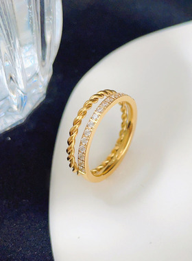 欧美轻奢时尚双层麻花镶钻戒指女优雅气质个性钛钢指环女百搭配饰