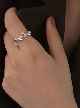 欧美时尚新款小众设计钛钢镀18K金波浪小圆珠戒指食指中指指环INS