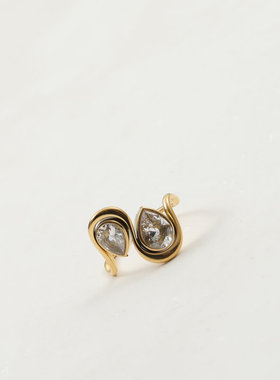 日韩时尚个性夸张双泪滴镶锆石戒指钛钢镀18k金指环女款百搭气质