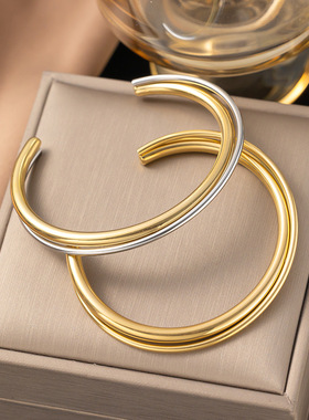 2024新款欧美ins风时尚简约气质钛钢镀18K金双层交叉开口手镯女