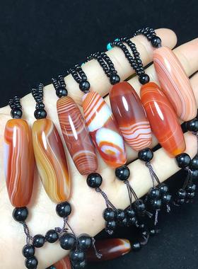 本命年黑缠丝玛瑙天珠吊坠鹅卵石雨花石手把件原石打磨玛瑙毛衣链