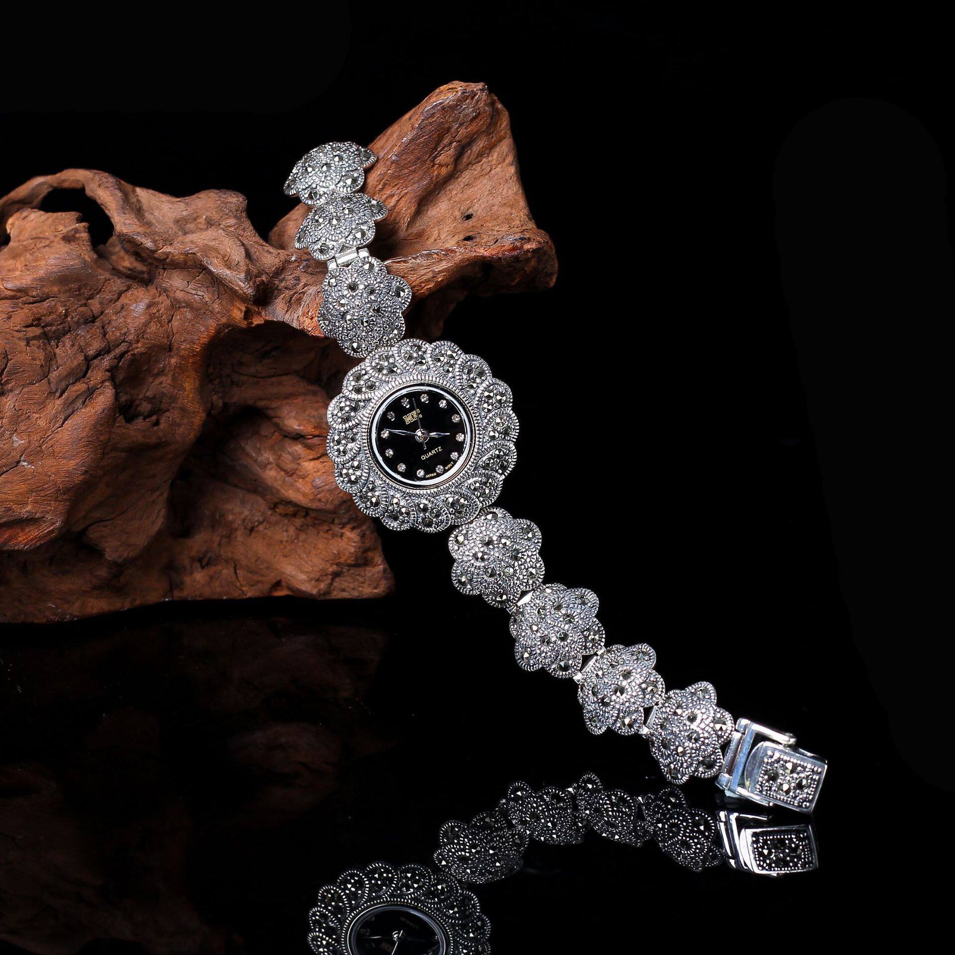 本命年 泰银s925银饰品泰国古做旧花卉手链手表礼物