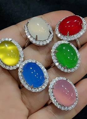 本命年08银镶嵌绿玉髓简约款戒指冰粉玛瑙大号玉石戒指促销礼物