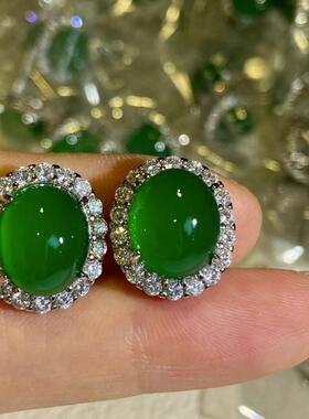 本命年简约起光绿玉髓蛋面耳钉百搭绿色玉石玛瑙女耳坠饰品满绿蛋