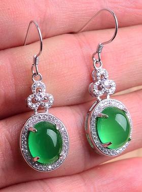 本命年925银耳钩阳绿水滴玉髓耳环粉色玛瑙耳坠蓝宝石耳夹韩气质