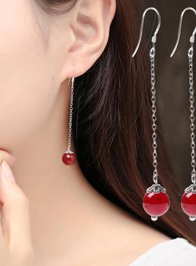 本命年时尚女转运流苏耳坠潮流玉耳环红玛瑙玉髓水晶耳钉无耳洞耳