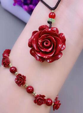 本命年朱砂玫瑰花红色项链助睡眠红玫瑰简约珍珠挂脖吊坠礼物