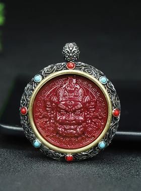 本命年链朱砂吊坠紫砂唐卡绿财神吊坠古风项链绿渡姆礼物