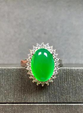 本命年冰种绿玉髓戒指女925银镶嵌帝王绿色玛瑙玉石戒指环开口可