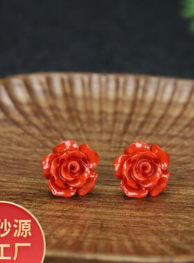 本命年红色玫瑰花朱砂耳环高含量银耳钉高级感五瓣花耳饰耳坠礼物