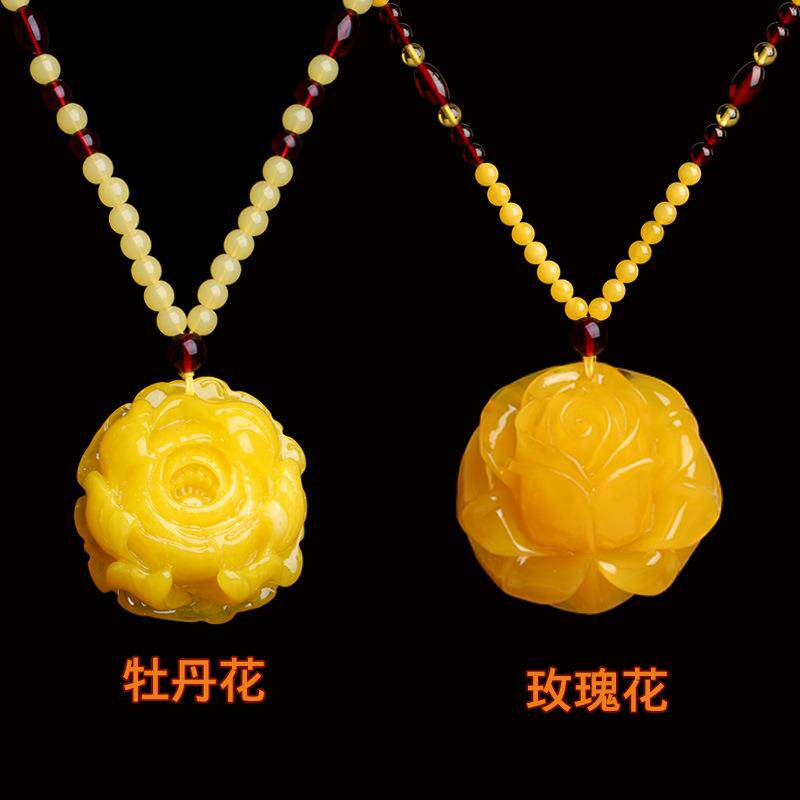 本命年琥珀雕刻玫瑰花挂坠长款毛衣链蜜蜡吊坠女树脂项链饰品礼物