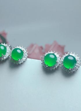本命年绿玉髓吊坠女耳环钉两件套镶钻帝王绿翡翠色礼物