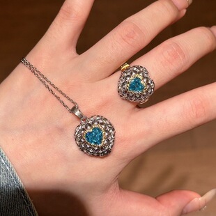 本命年S925纯银复古拉丝工艺海蓝宝石爱心项链戒指套装 美拉德风礼