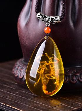 本命年蜜蜡琥珀蝎子化石水滴吊坠挂件项链男女款文玩礼物