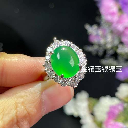 本命年玉髓满绿戒指女款开运银镶嵌钻帝王绿翡翠玛瑙玉石指环活口