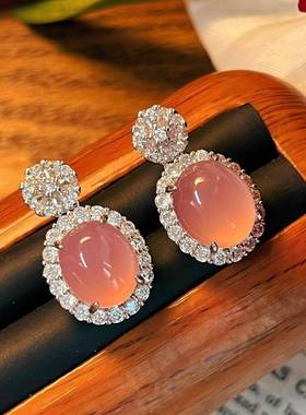 本命年绿玉髓粉玉髓蛋面耳环女新中式少女耳钉复古气质耳饰简约礼