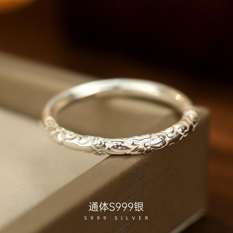本命年S999银古法浮雕樱花戒指复古素圈足银闭口男女食指环新礼物