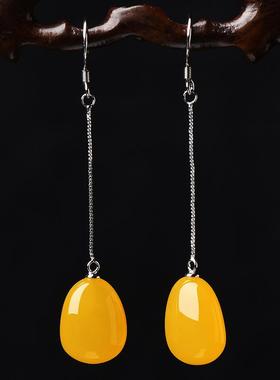 本命年耳环圆脸显瘦女款925银长款耳坠耳钉蜜蜡圆珠耳饰品礼物