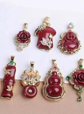 本命年朱砂镶嵌925银饰玫瑰花旗袍吊坠紫砂竹节佛公葫芦挂件礼物