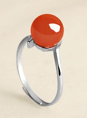 本命年玛瑙戒指绿玉髓圆珠925银托细圈可调节开口水晶戒指环女礼